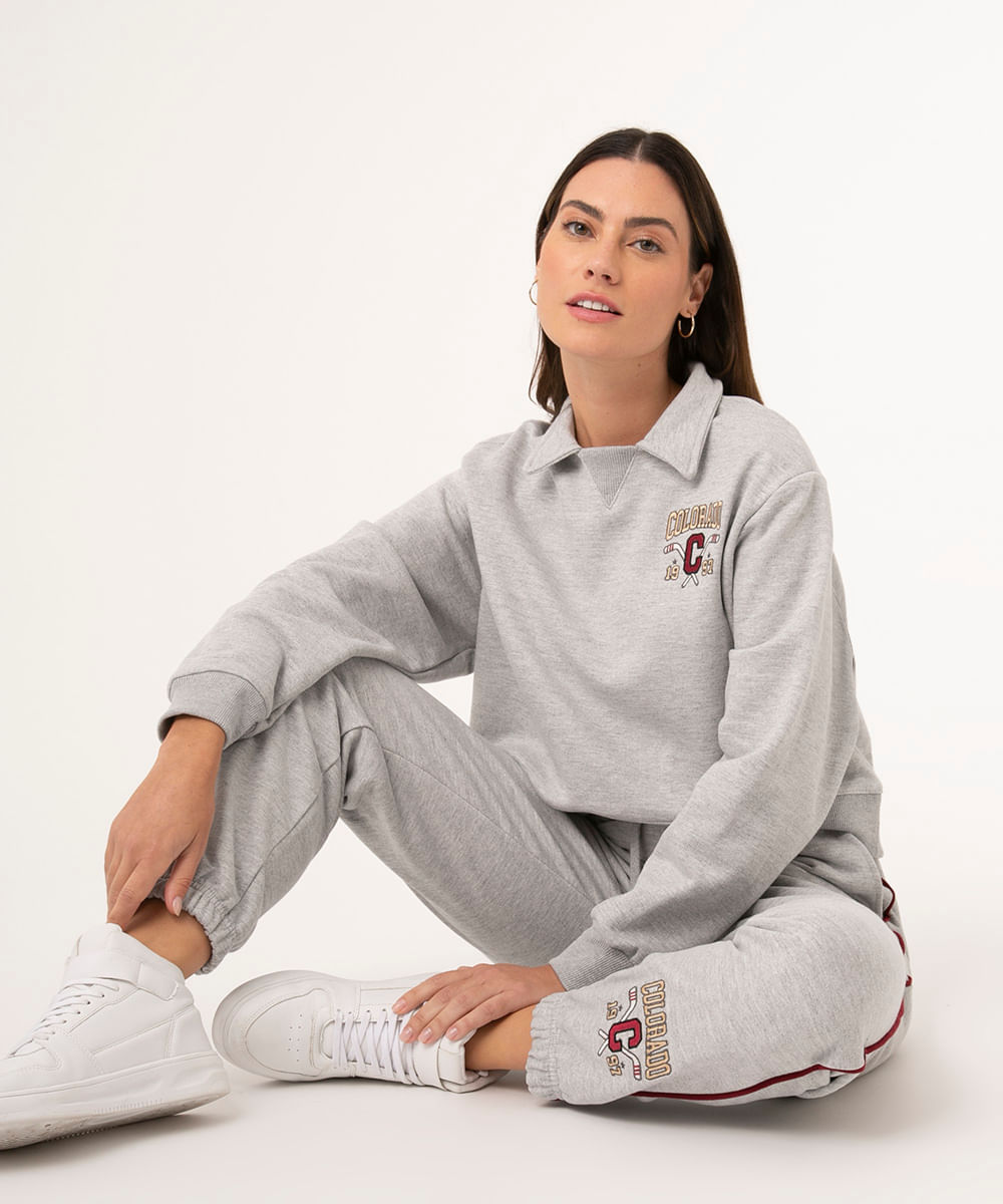 blusão de moletom gola esportiva college cinza mescla Menor preço em blusão de moletom gola esportiva college cinza mescla