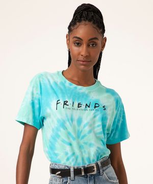 Camiseta Feminina Estampada Manga Curta Tie Dye Friends Decote Redondo Azul