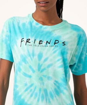 Camiseta Feminina Estampada Manga Curta Tie Dye Friends Decote Redondo Azul