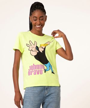 Camiseta de Algodão Johnny Bravo Manga Curta Decote Redondo Verde Neon