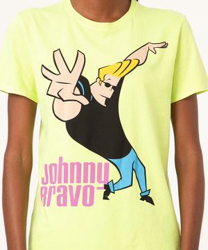 Camiseta de Algodão Johnny Bravo Manga Curta Decote Redondo Verde Neon