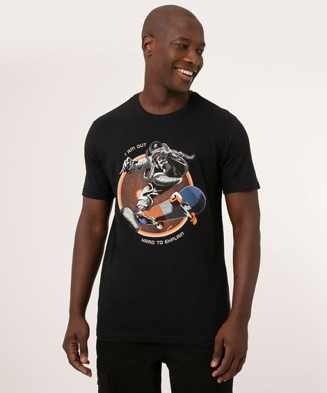 camiseta de algodão manga curta astronauta skatista preta