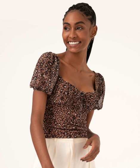 blusa de tule manga curta animal print marrom