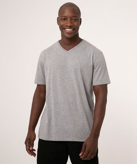 Camiseta Masculina Básica Manga Curta Gola V Cinza Mescla