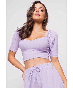 Cropped Princesa Decote Coração Malha Canelada Lilás Salvatore Fashion