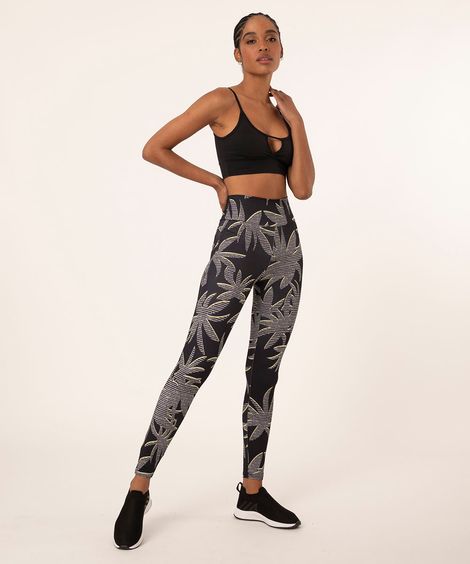 Calça Legging Esportiva Estampada de Coqueiros Preta