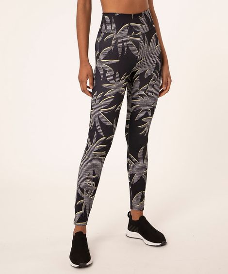 Calça Legging Esportiva Estampada de Coqueiros Preta
