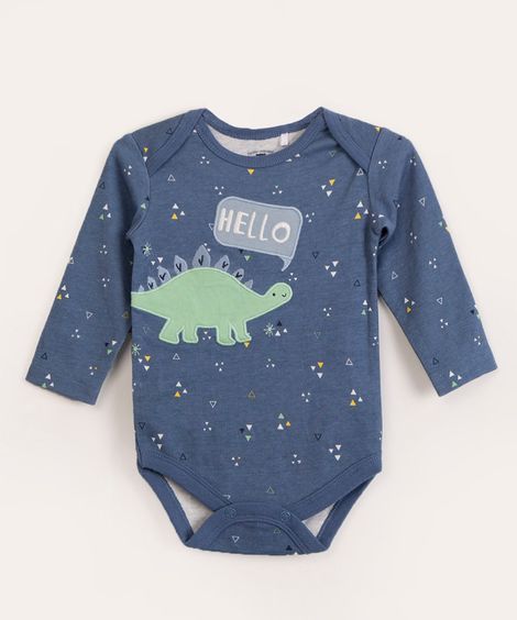body infantil manga longa dinossauro  azul