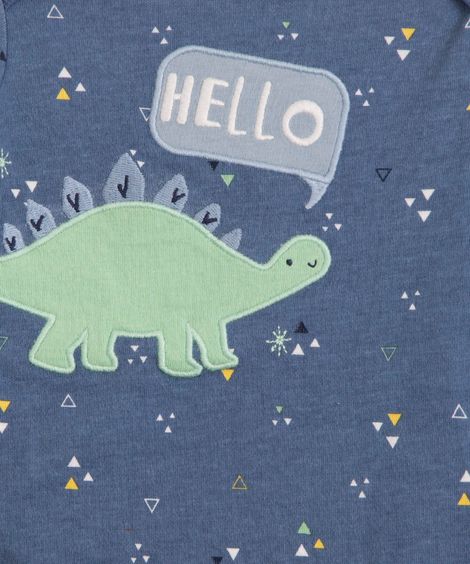 body infantil manga longa dinossauro  azul