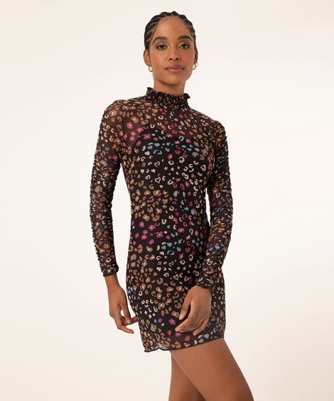 vestido curto de tule animal print manga longa gola alta preto