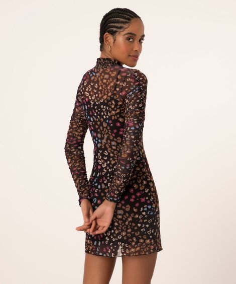 vestido curto de tule animal print manga longa gola alta preto