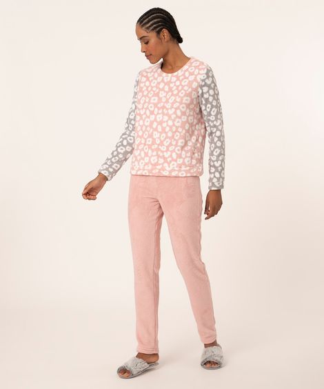 pijama de fleece animal print manga longa rosa