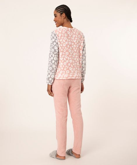 pijama de fleece animal print manga longa rosa
