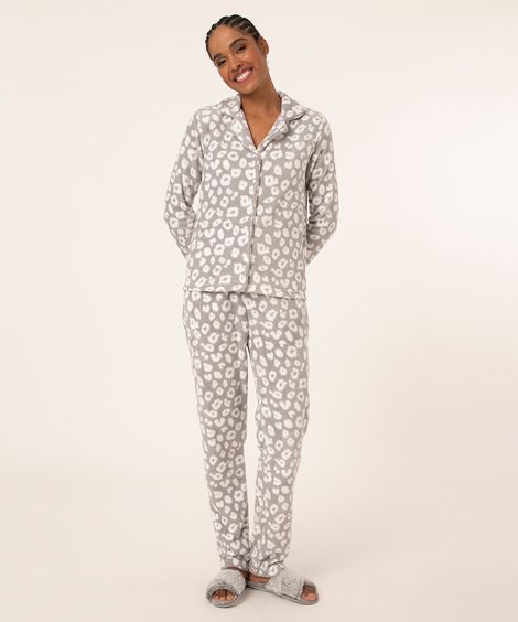 pijama camisa de fleece animal print manga longa cinza