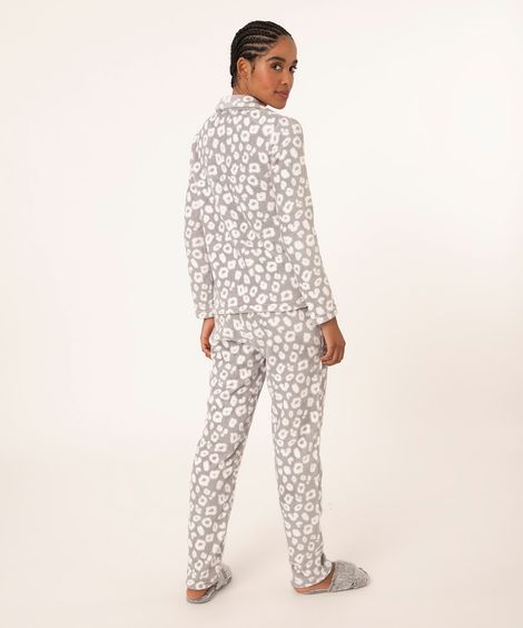 pijama camisa de fleece animal print manga longa cinza