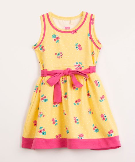 vestido infantil floral com cinto amarelo