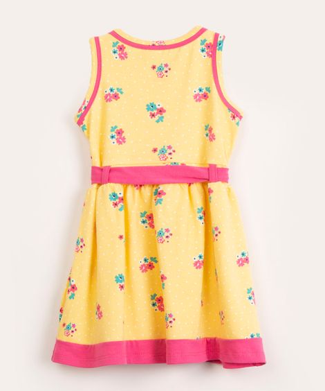 vestido infantil floral com cinto amarelo