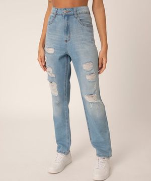 calça jeans mom destroyed azul médio