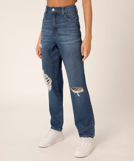 Calça Mom Jeans Cintura Super Alta Destroyed Azul Escuro