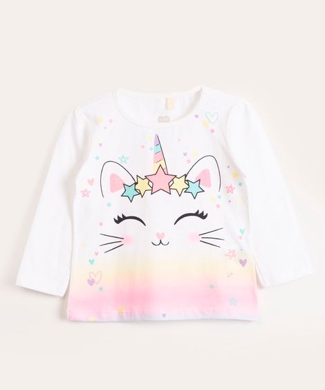 blusa de algodão infantil manga longa gatinho unicórnio off white