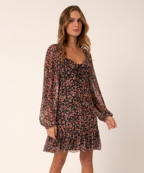 vestido de tule floral manga bufante 7/8 preto