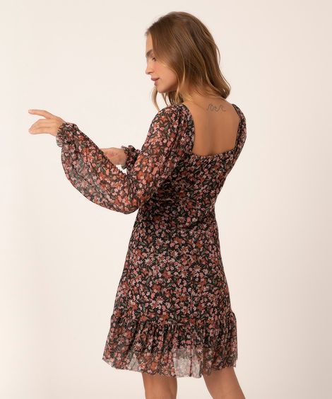 vestido de tule floral manga bufante 7/8 preto