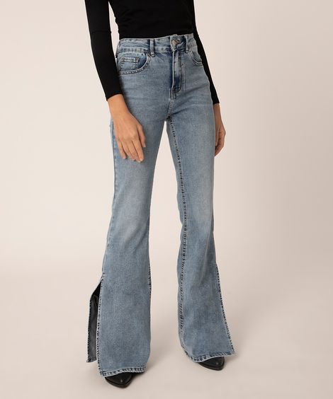 calça jeans flare cintura super alta azul médio