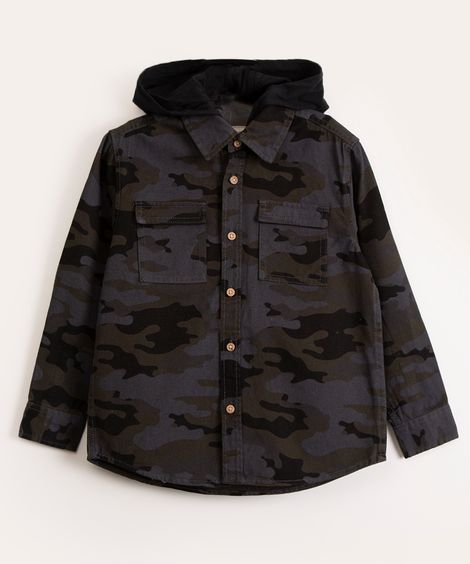camisa infantil camuflada manga longa com capuz verde