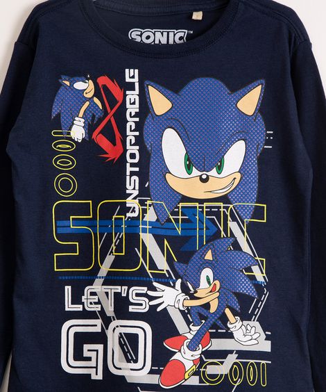 camiseta infantil de algodão sonic manga longa azul marinho