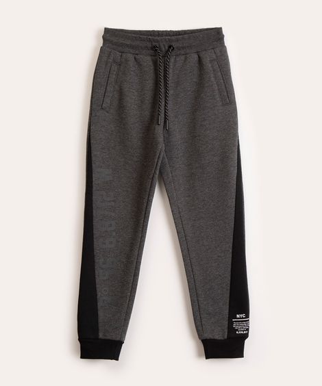 calça infantil jogger de moletom com recorte cinza mescla escuro