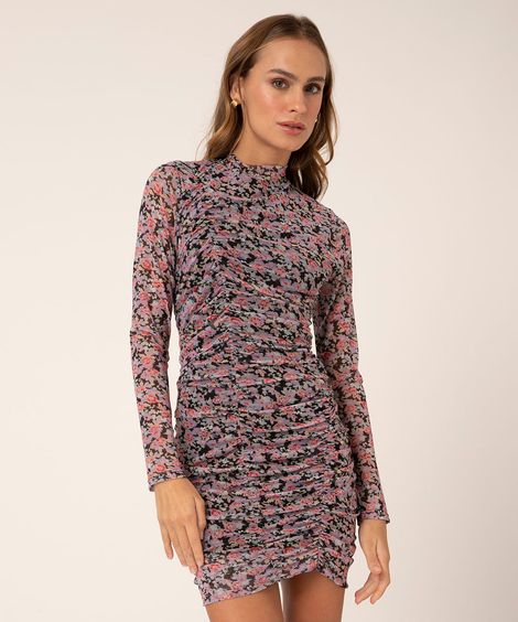 vestido de tule curto franzido floral preto