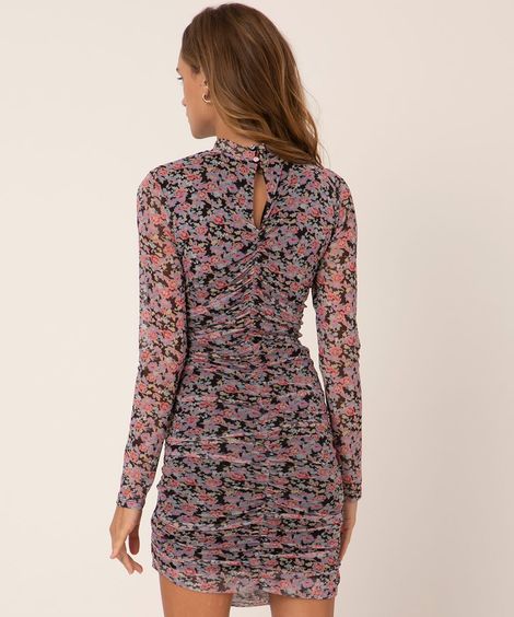 vestido de tule curto franzido floral preto