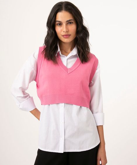 Colete de Tricô Feminino Cropped Decote V Rosa