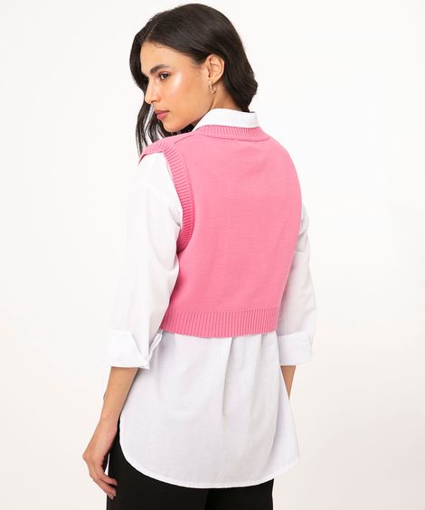 Colete de Tricô Feminino Cropped Decote V Rosa