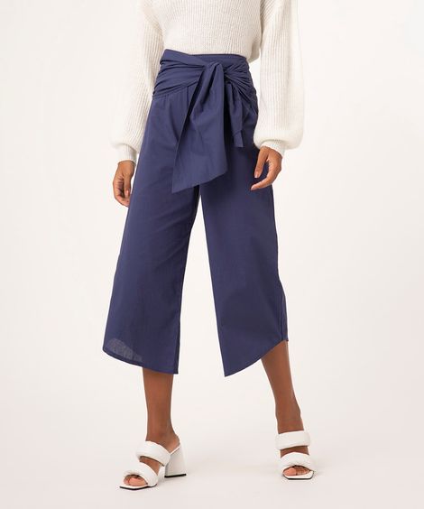 Calça Pantacourt de Algodão Pareo com Nó Cintura Super Alta Azul