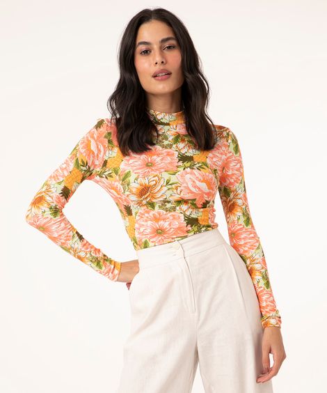 Blusa Canelada Estampada Floral Manga Longa Gola Alta Verde Claro