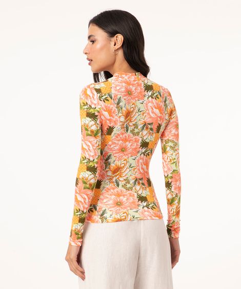 Blusa Canelada Estampada Floral Manga Longa Gola Alta Verde Claro