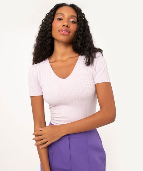 blusa feminina manga bufante canelada decote v lilas médio