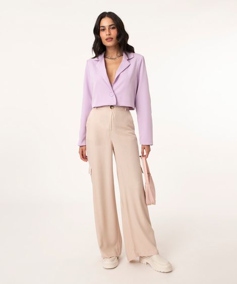 calça wide leg cargo de viscose bege
