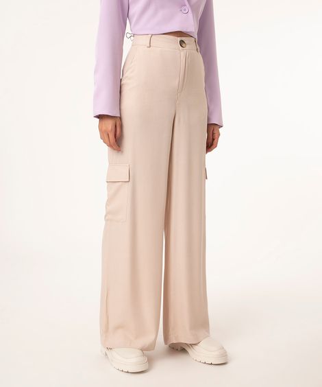 calça wide leg cargo de viscose bege