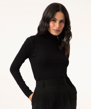 blusa de malha canelada manga longa gola alta preto