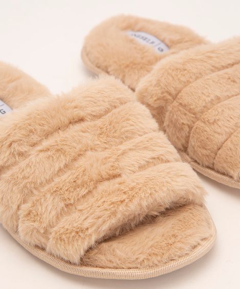 pantufa de pelúcia tira canelada bege médio