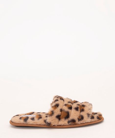 pantufa de pelúcia tira canelada animal print marrom