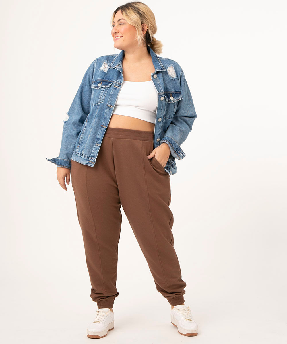 Calça Moletinho Feminino Plus Size Jogger Bolso Cargo Bege