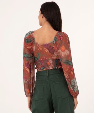 top de tule tropical manga bufante caramelo