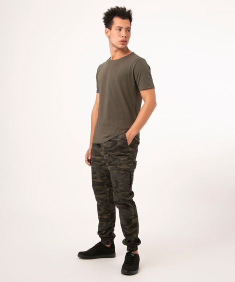 calça jogger cargo de sarja camuflada verde militar