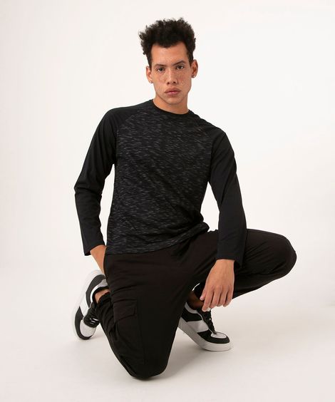 camiseta raglan manga longa cinza mescla escuro