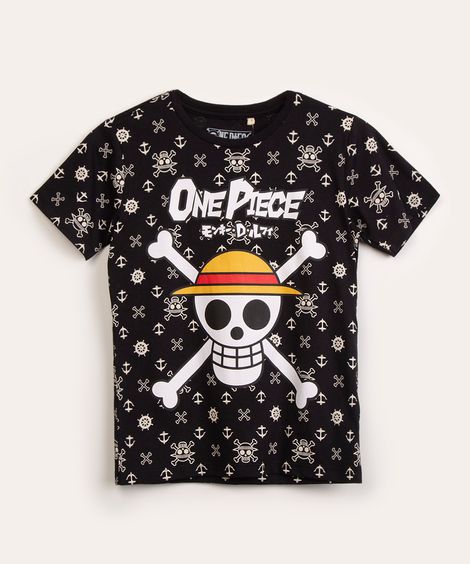 camiseta juvenil de algodão one piece preta