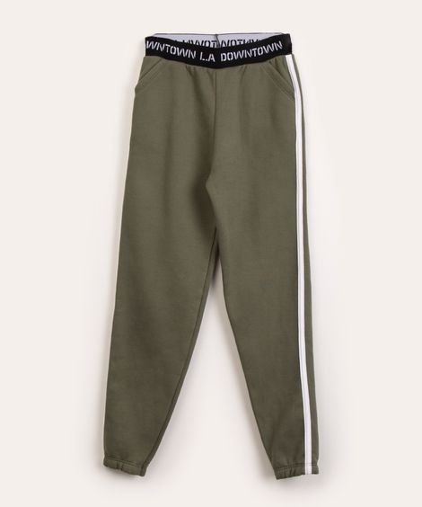 calça jogger de moletom juvenil listra lateral verde militar