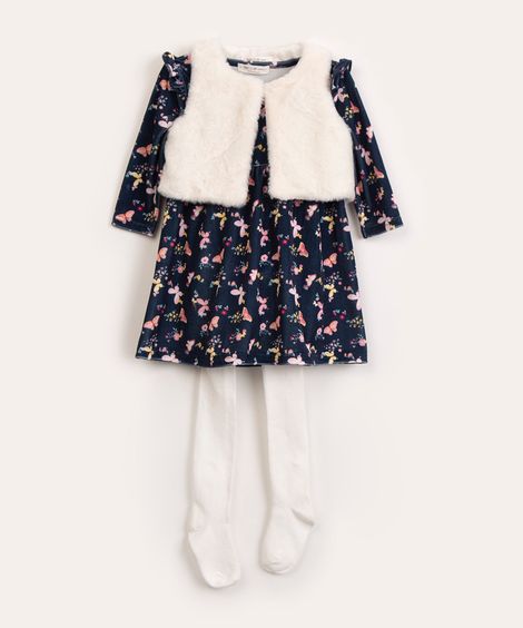 vestido infantil de plus floral + colete de pelo + meia calça azul marinho